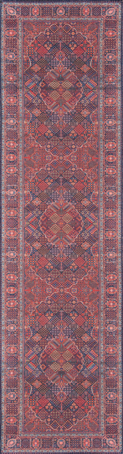 Persian-style runner rug with red-blue geometric medallions, ivory accents, and ornate floral border.