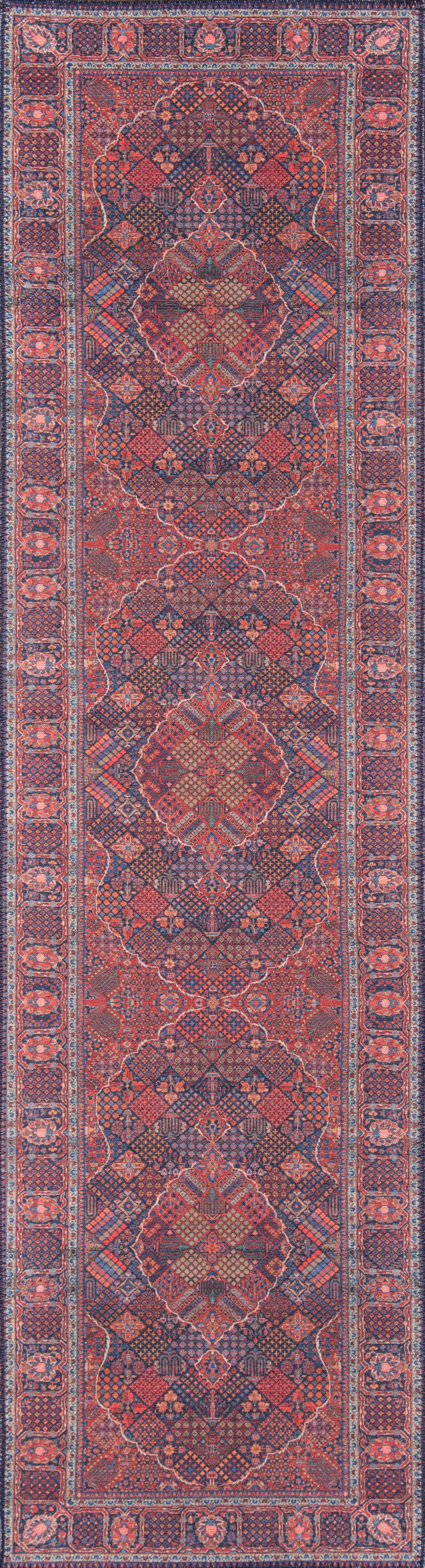 Navy and red Persian-style runner rug with geometric diamond medallions and ornate floral borders.