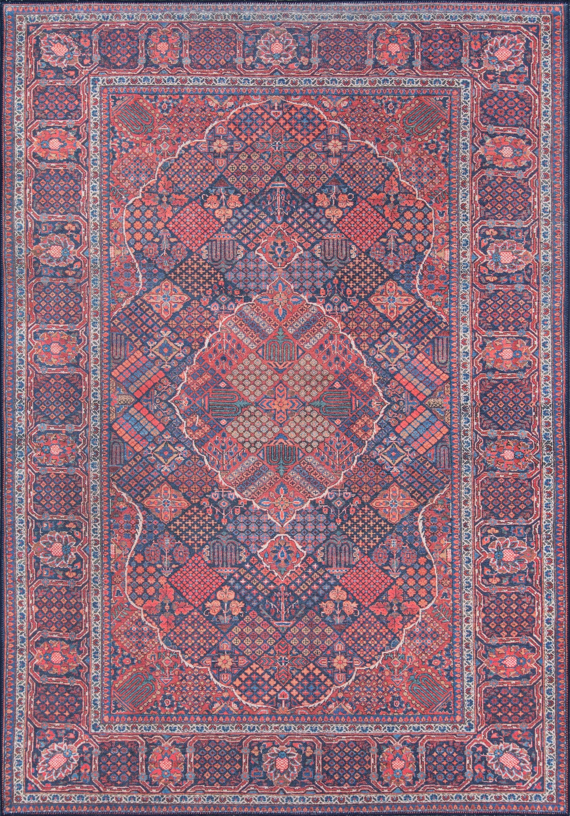 Ornate red and navy oriental rug with diamond medallions, lattice pattern, floral border and ivory accents.