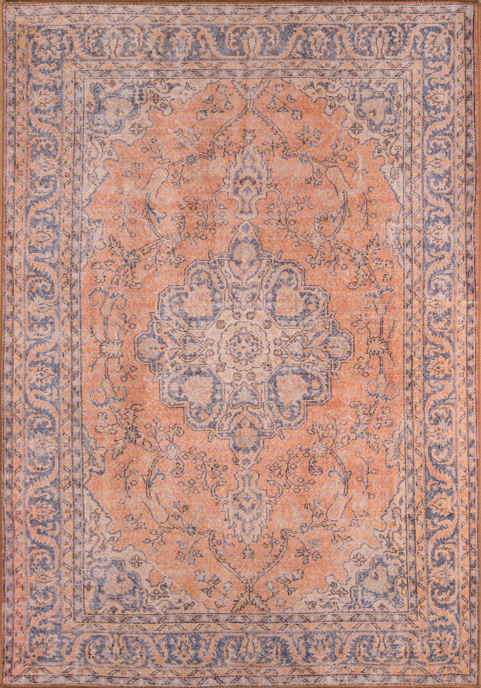 Peach field Persian-style rug with a blue-gray central medallion and arabesque floral borders.