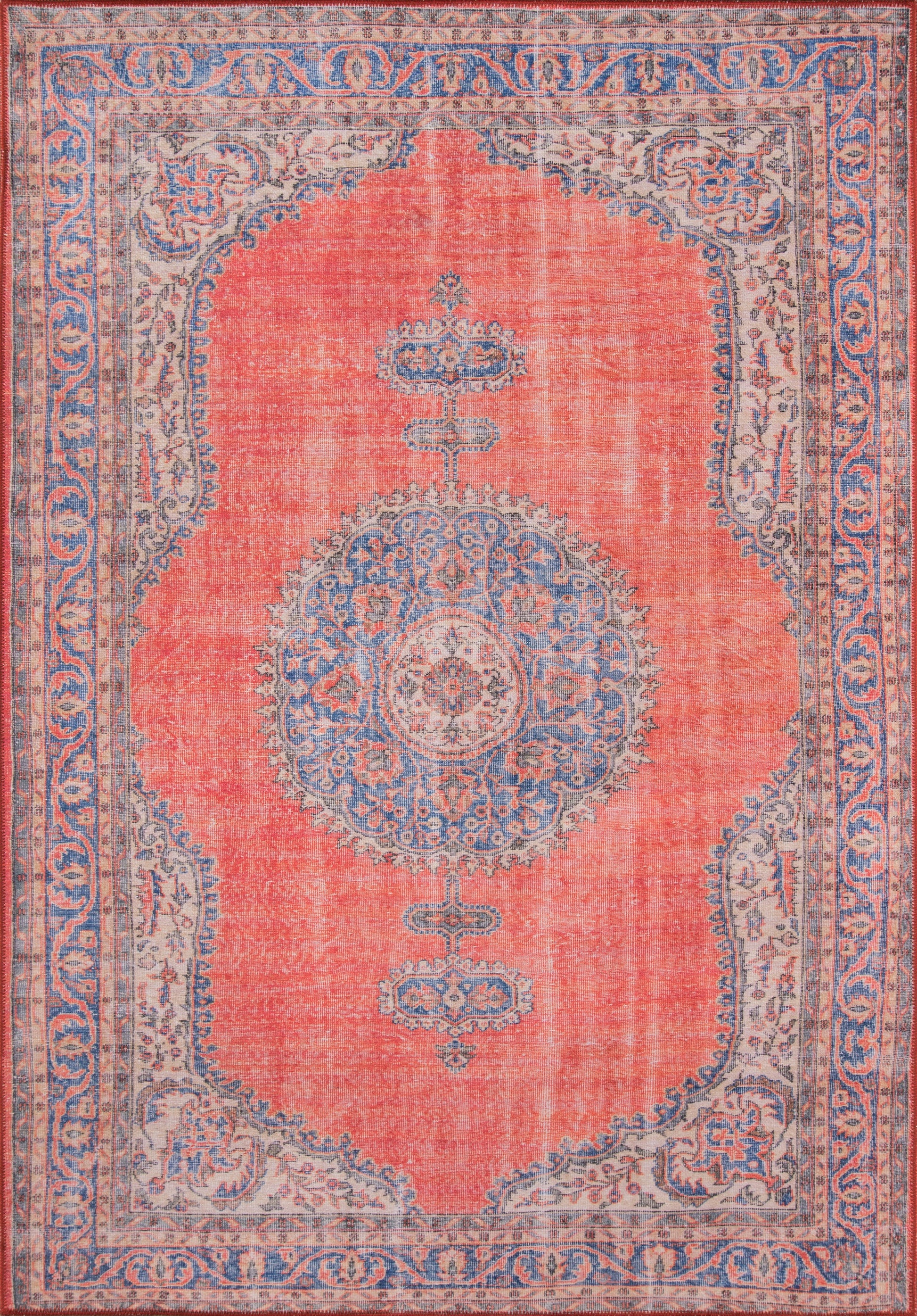 Distressed red oriental runner rug with a central blue medallion, blue and cream floral border, traditional Persian motif.