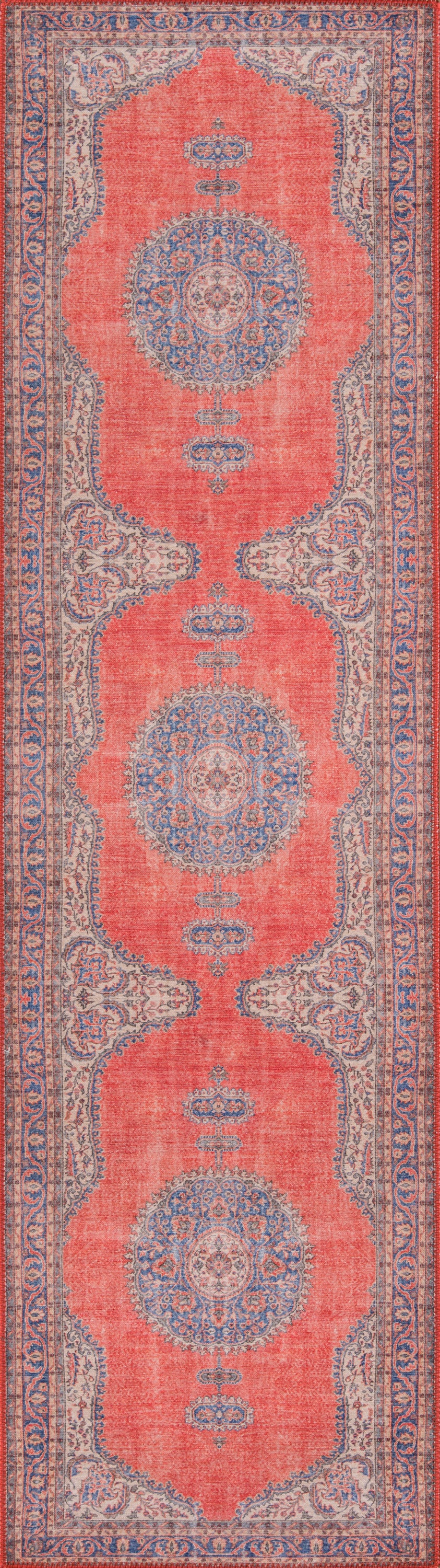 Persian-style red runner rug with blue & ivory borders and ornate medallions; traditional oriental decor.