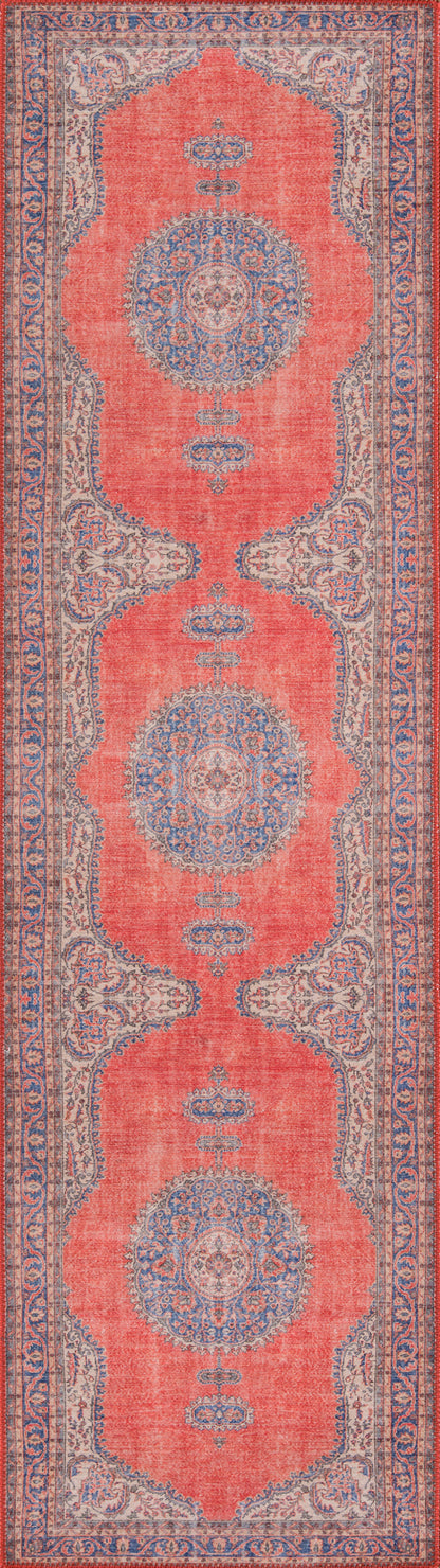 Persian-style runner rug with red field, large blue circular medallions, ivory/navy border, intricate floral border pattern.