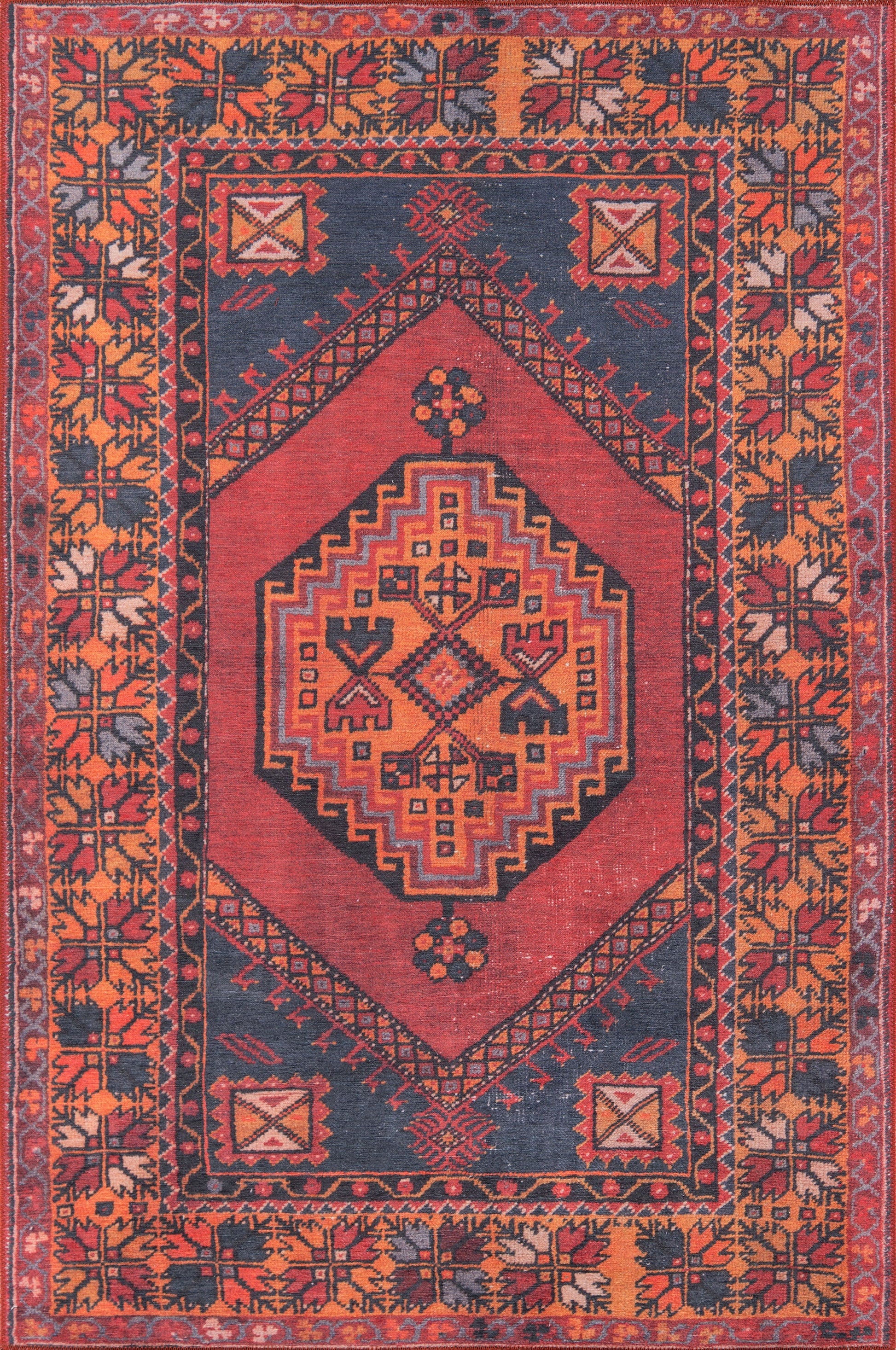 Traditional Persian-style handwoven wool rug with red field, navy border, orange accents and a geometric central medallion.