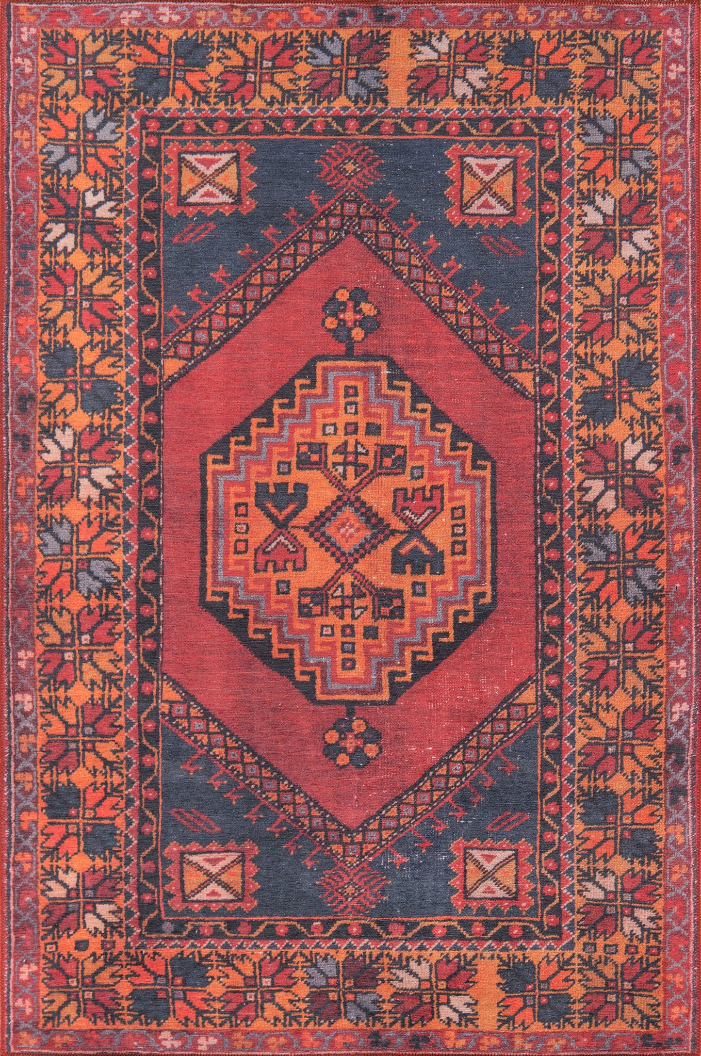 Vibrant red Afghan-style rug featuring a central diamond medallion, red field, orange accents, and geometric floral borders.