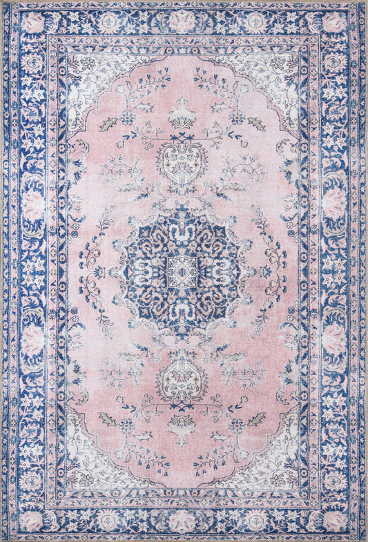 Rectangular pink & blue oriental rug with central medallion & intricate floral border.