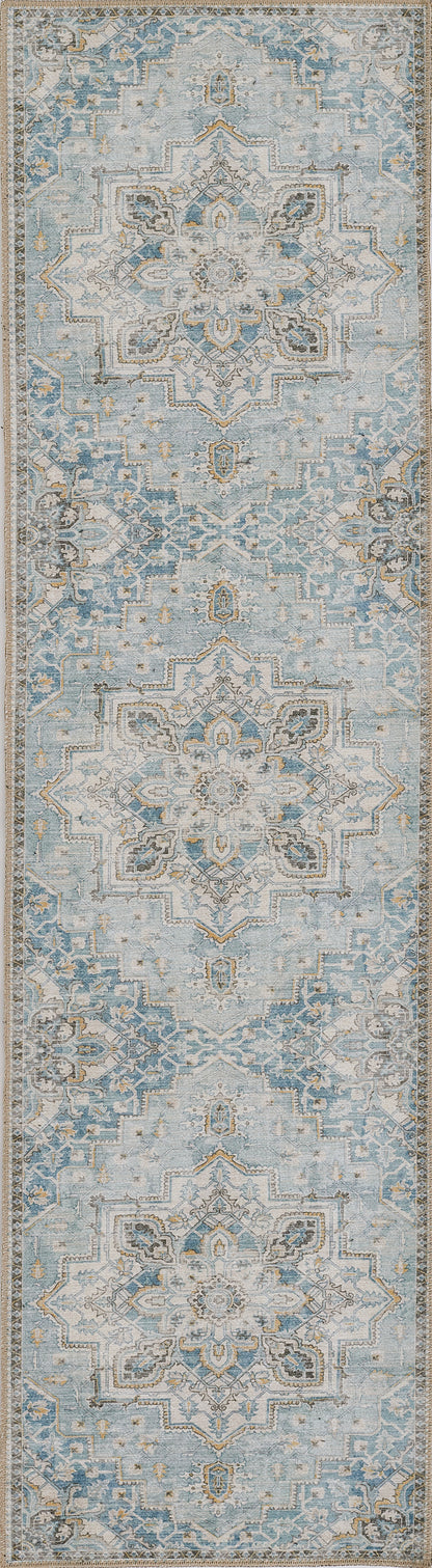 Blue ivory distressed oriental runner rug with repeating geometric medallions, floral motifs, soft gray-blue and beige tones.