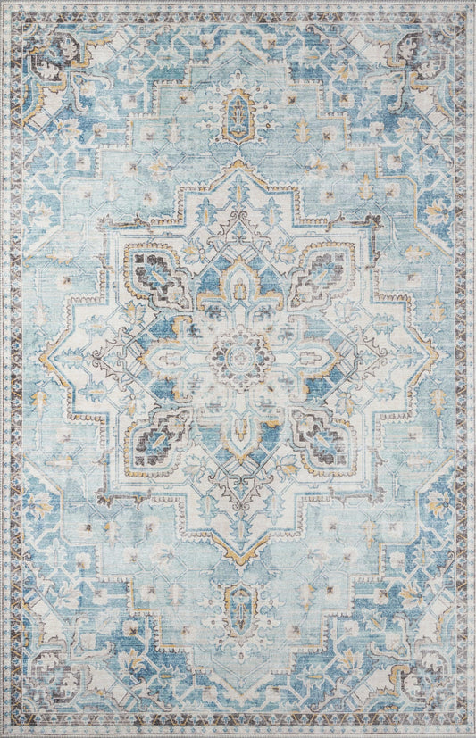 Blue and ivory Persian-style runner with distressed look, ornate central medallion and intricate floral-geometric border.