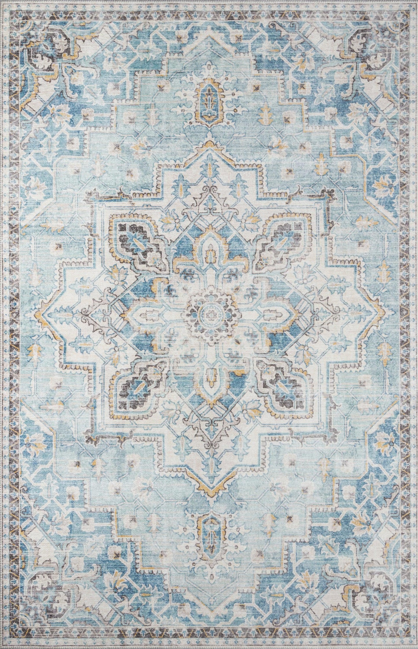 Light blue oriental area rug with ivory and gold accents, central medallion, scrolling floral patterns and decorative border.