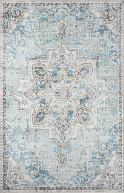 Light blue oriental area rug with ivory and gold accents, central medallion, scrolling floral patterns and decorative border.