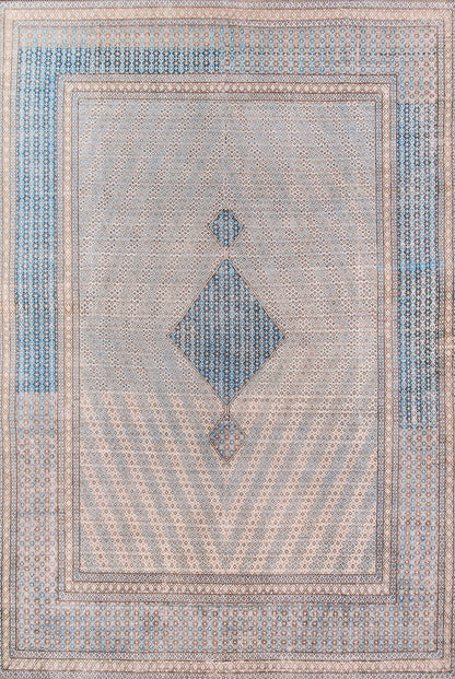 Blue and beige Persian-style rug with a central stacked diamond medallion and patterned borders.