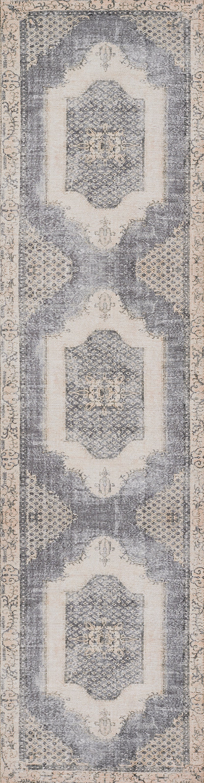 Area rug with repeating geometric medallions in gray-blue on beige, ornate floral borders, Persian style, 5' x 8'.