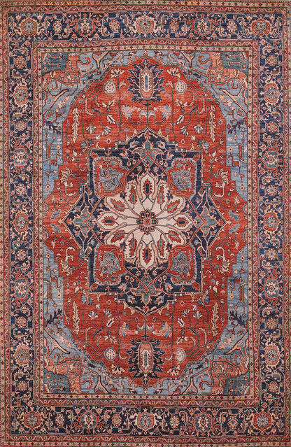 Persian-style rug with red field, ivory central medallion, and blue borders; intricate floral arabesque pattern.
