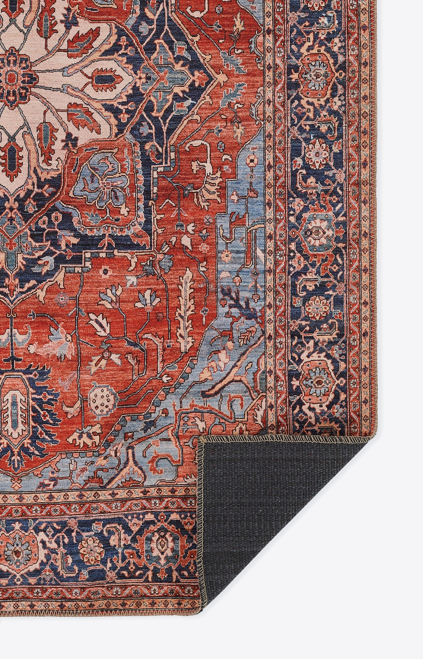 Traditional Persian-style runner rug with red field, navy and ivory borders, intricate floral motifs; handwoven wool.