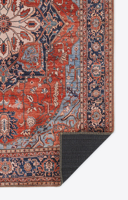 Traditional Persian-style runner rug with red field, navy and ivory borders, intricate floral motifs; handwoven wool.