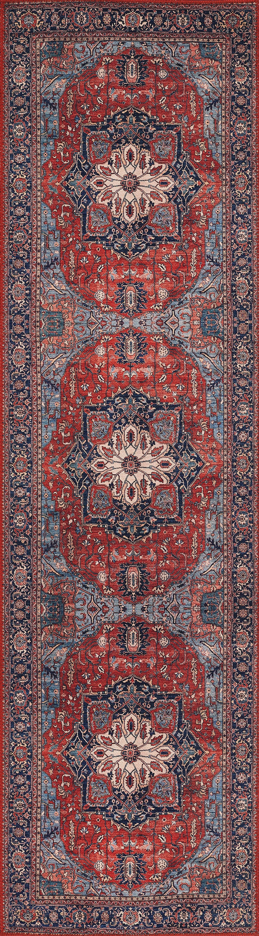 Persian-style rug with a blue field, repeating floral medallions and ornate borders; 2' x 3'.