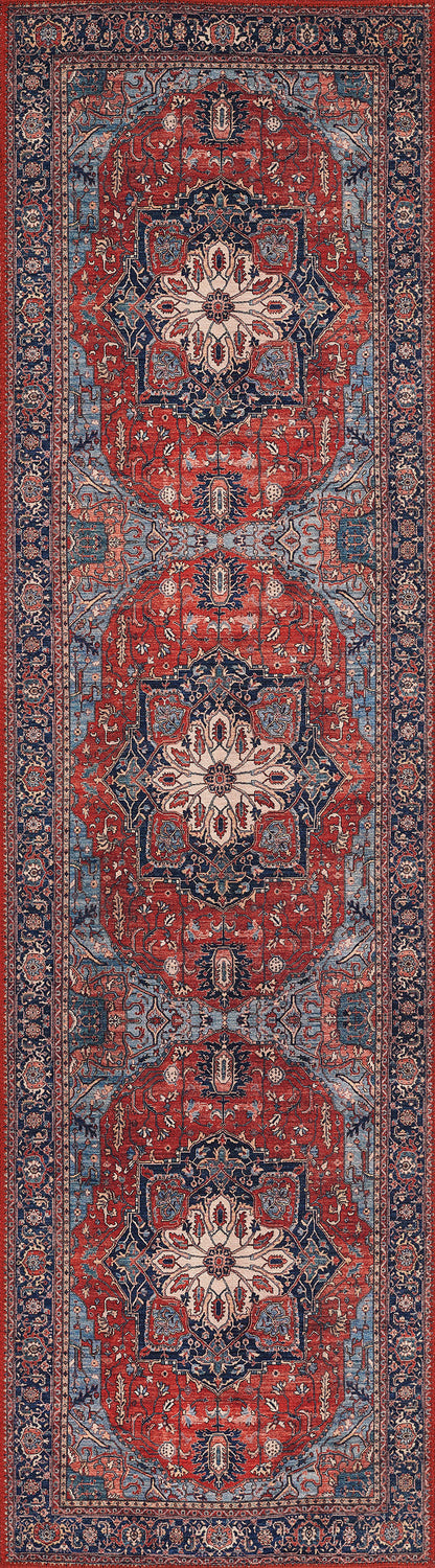 Narrow Persian-style red runner rug with blue field, repeating red medallions and floral borders.