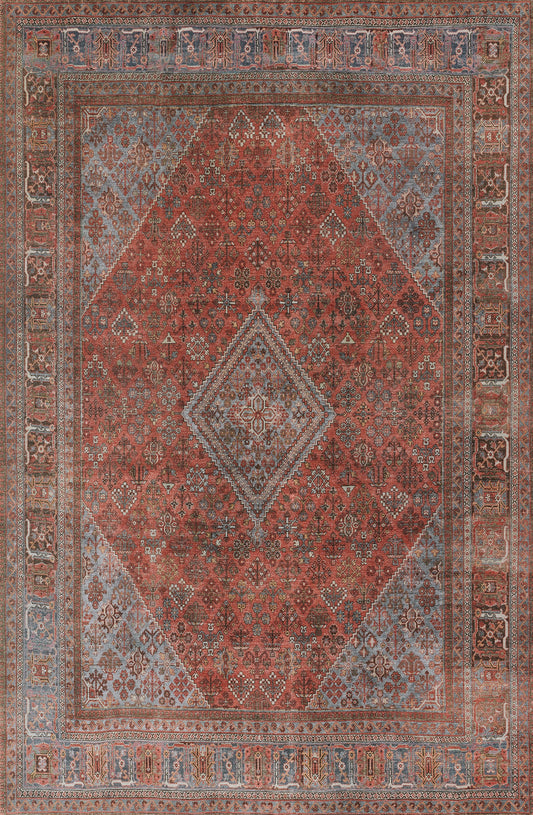 Persian-style distressed wool rug, red field with central diamond medallion, blue borders, intricate floral motifs.