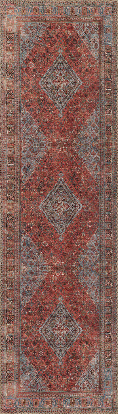 Persian-style rug with red diamond medallions on a blue-gray field, intricate borders and floral motifs.