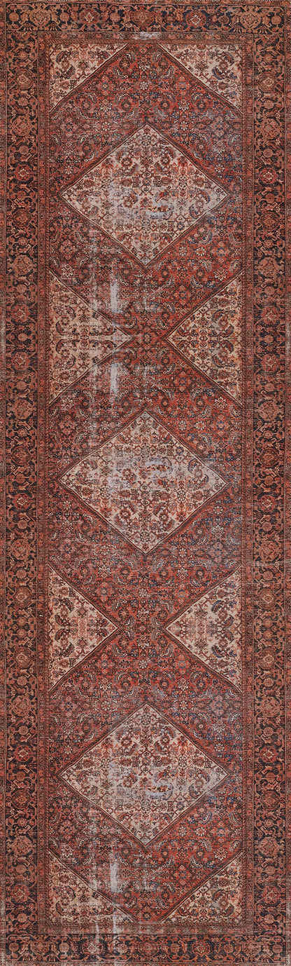 Red Persian-style area rug with repeating diamond medallions, cream and ivory motifs, and ornate border.