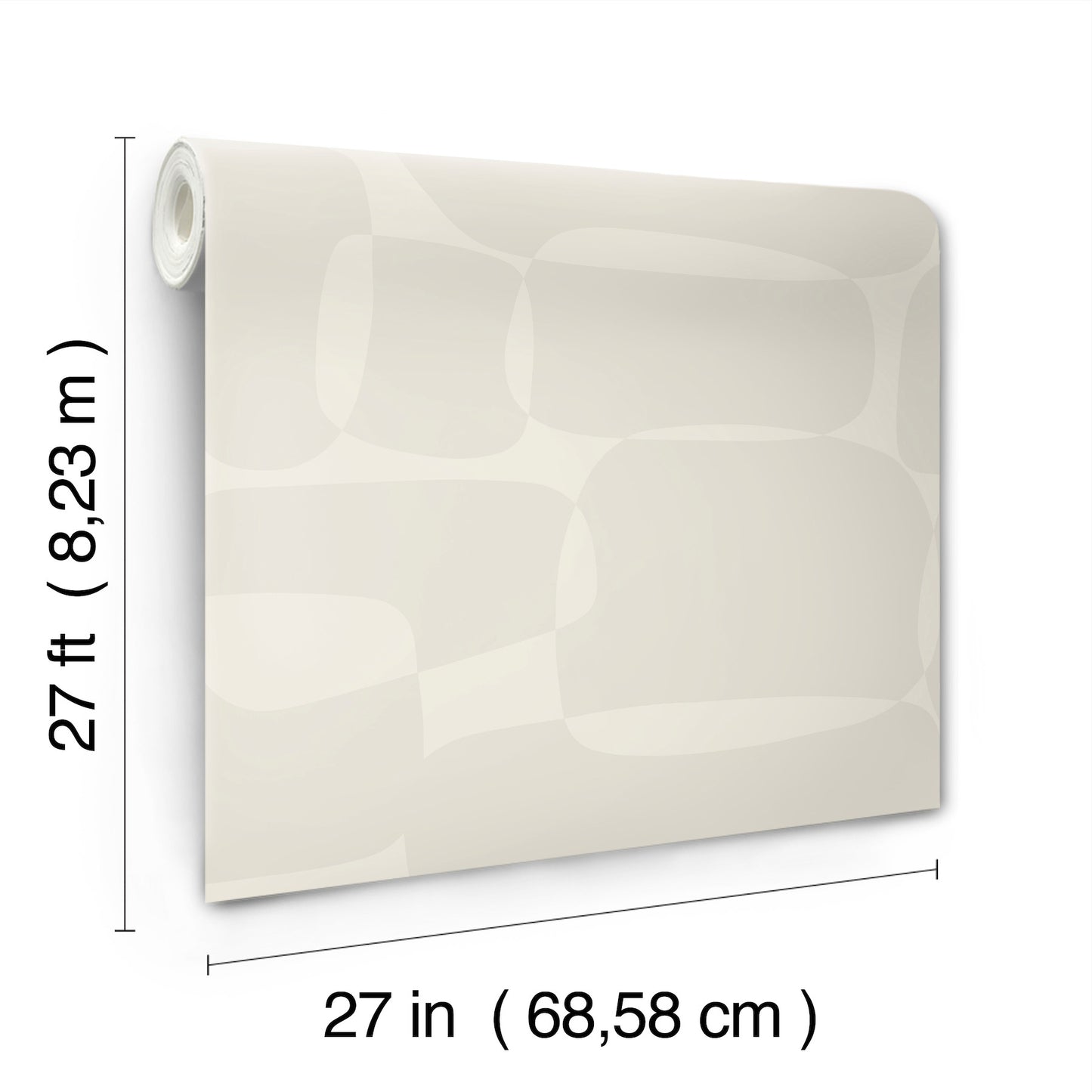 Beige abstract wallpaper, 27 x 27 in, featuring pale curved shapes; rolled at left edge.