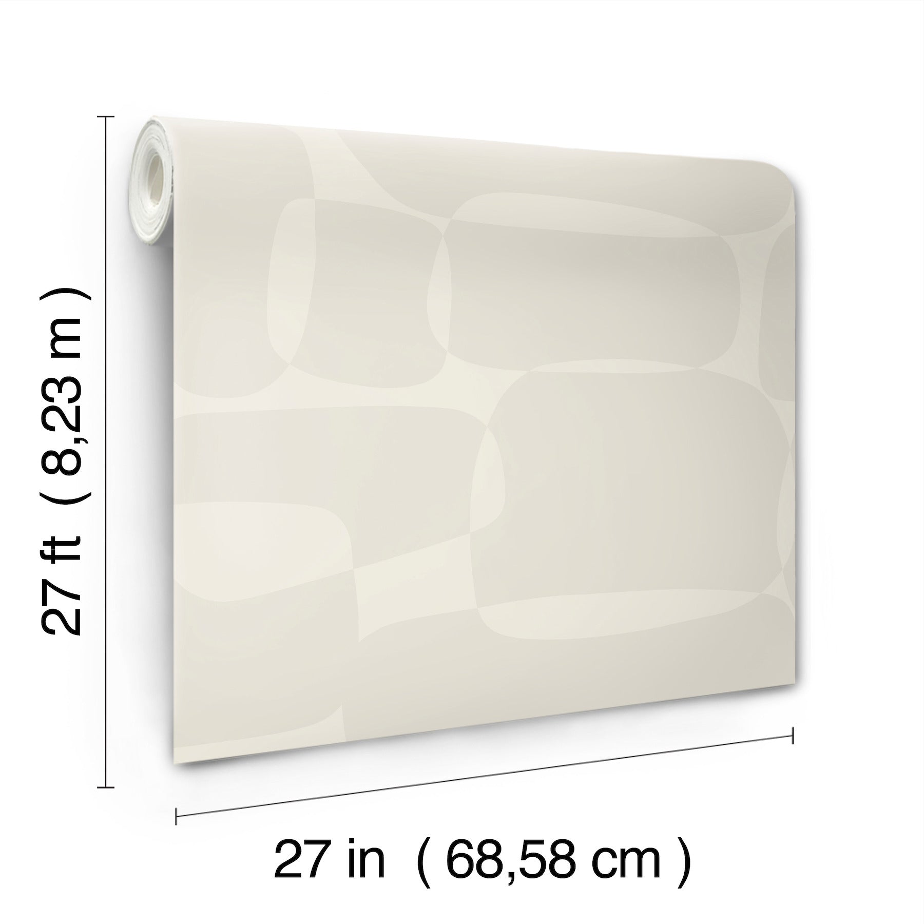Beige abstract wallpaper, 27 x 27 in, featuring pale curved shapes; rolled at left edge.