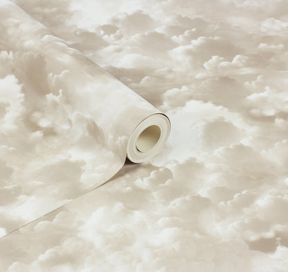 Beige cloud-pattern wallpaper roll, cream and tan hues, partially unrolled.