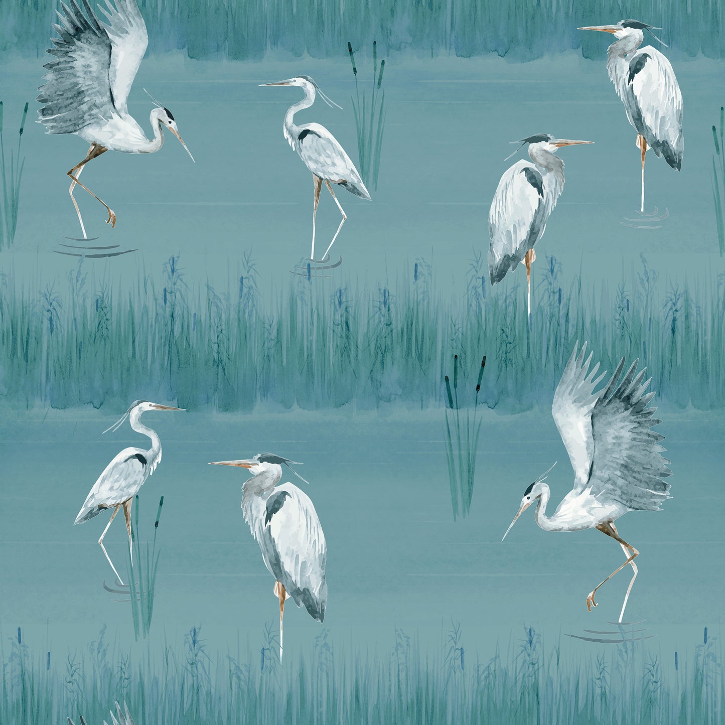 Teal-blue pattern with white herons on water among reeds; nature-inspired wallpaper decor.