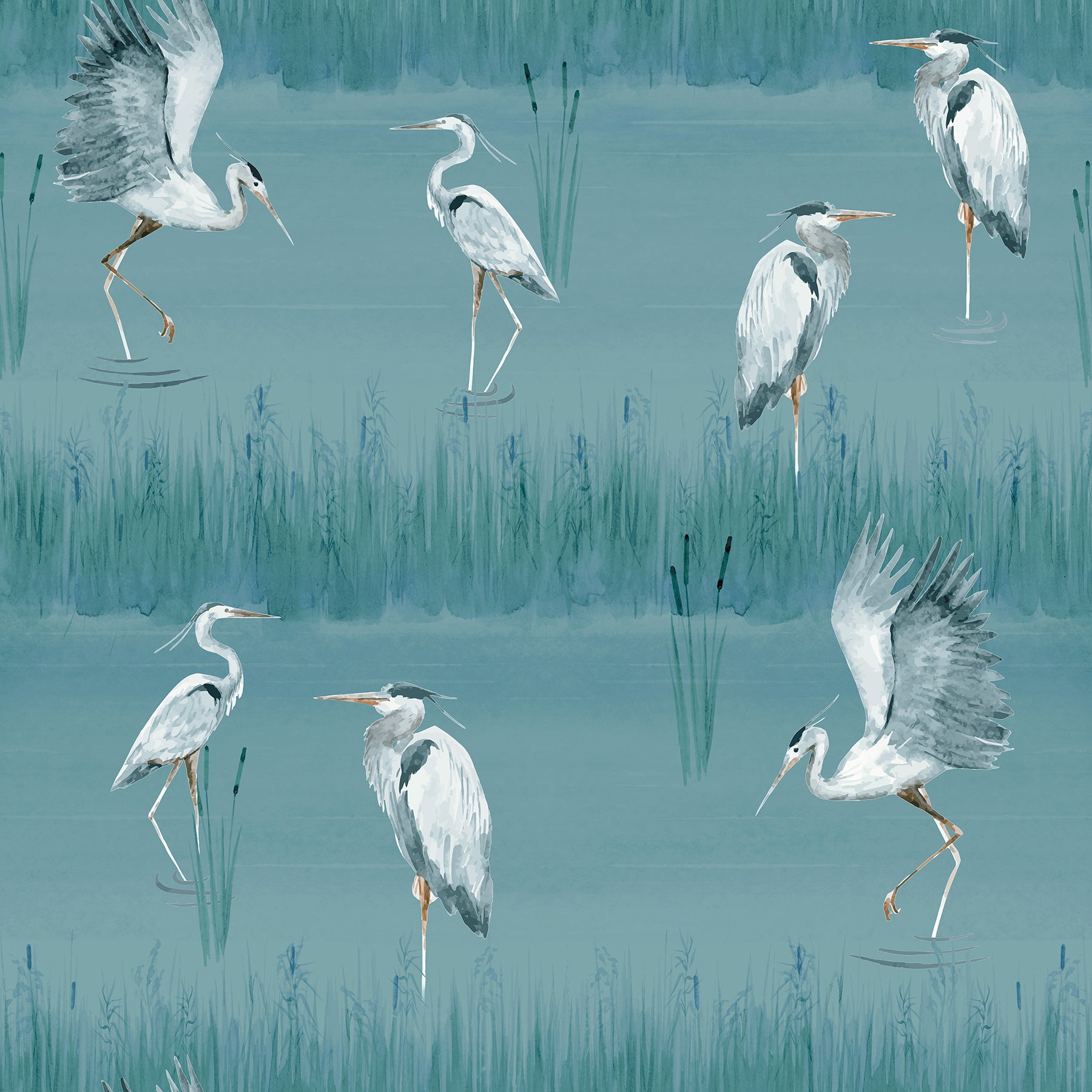 Teal-blue pattern with white herons on water among reeds; nature-inspired wallpaper decor.