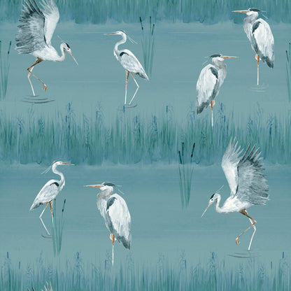 Teal-blue pattern with white herons on water among reeds; nature-inspired wallpaper decor.