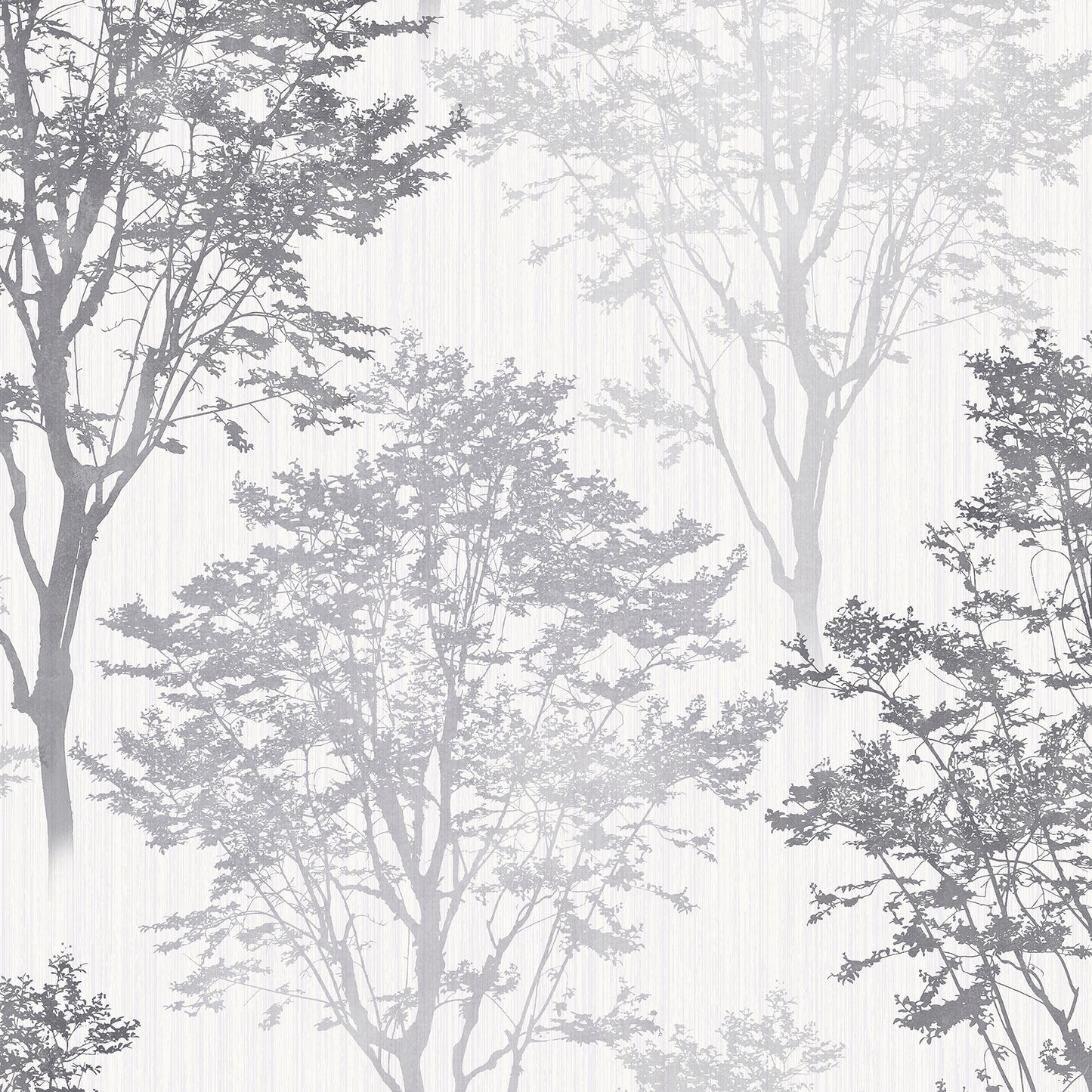 Muted gray tree silhouettes wallpaper with tall branches on pale background, nature-inspired decor.
