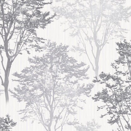 Muted gray tree silhouettes wallpaper with tall branches on pale background, nature-inspired decor.