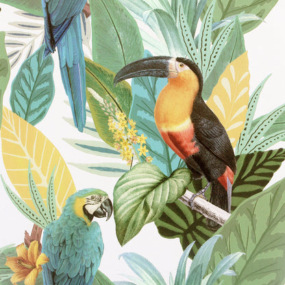 Vibrant tropical print with a black-and-orange toucan and a green macaw among oversized teal and yellow leaves.