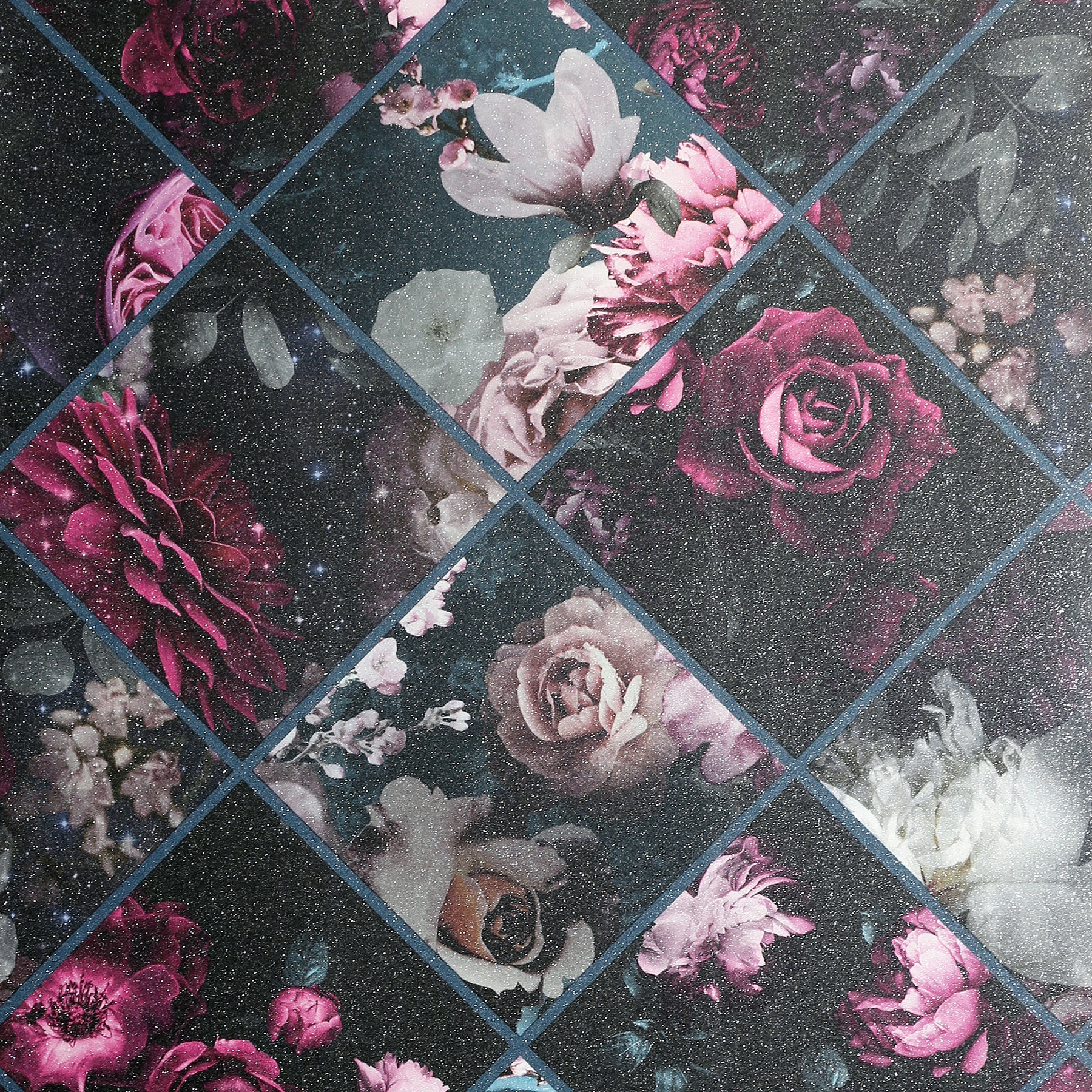 Dark purple floral squares wallpaper with a blue diamond grid & purple roses on a starry backdrop.
