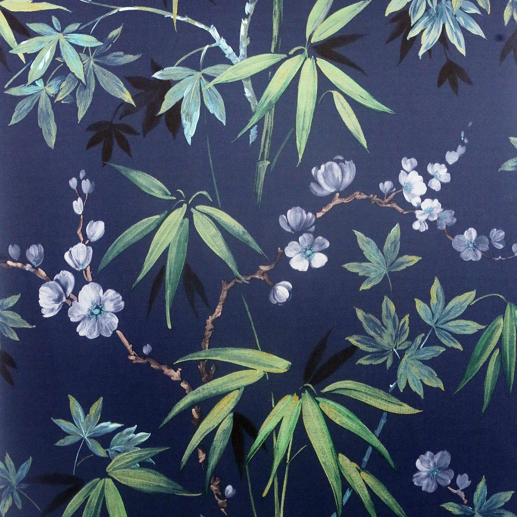 Dark navy wallpaper with green bamboo leaves and pale blue blossoms in a botanical motif.
