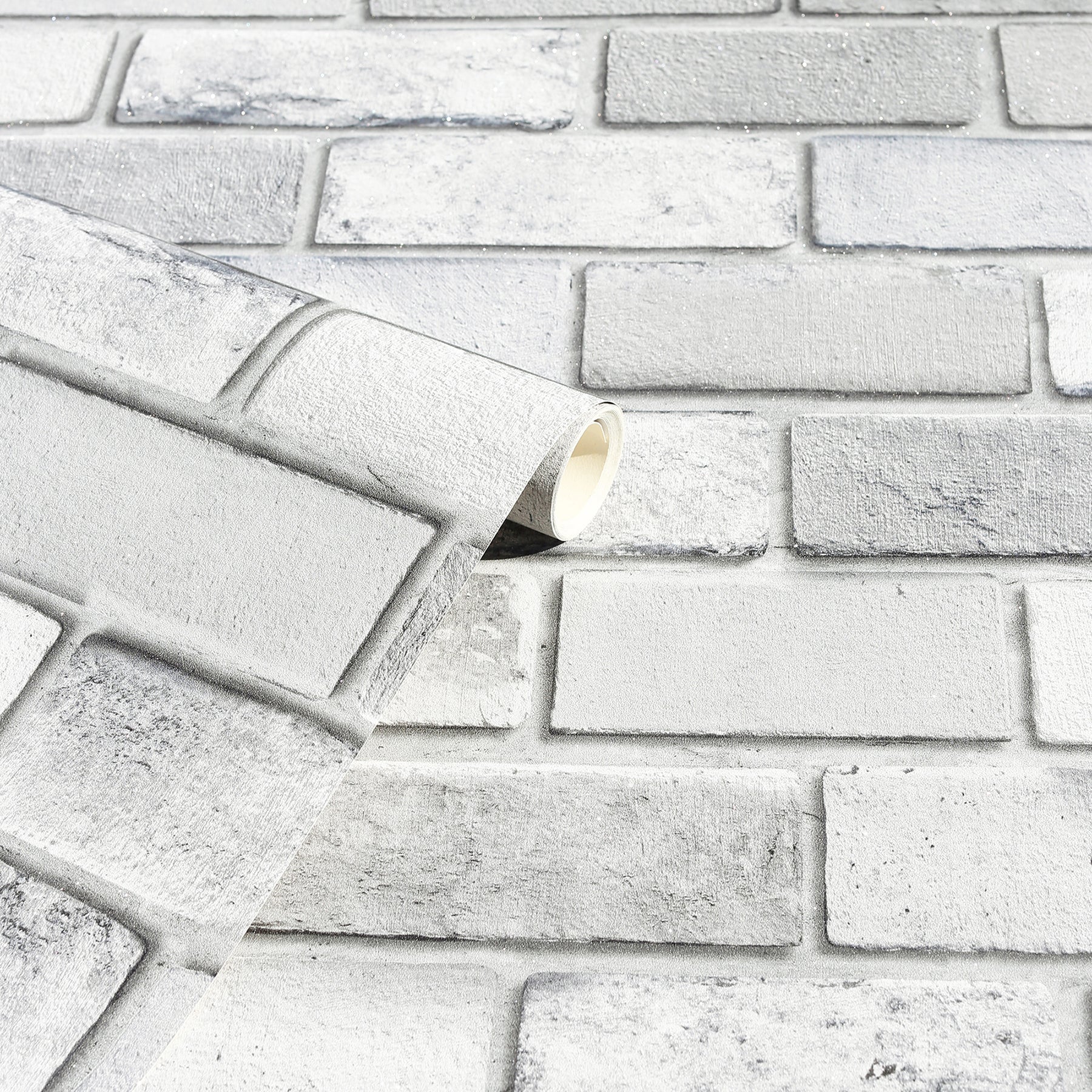 Rolled light gray brick-pattern wallpaper, showing textured brick blocks for wall decor.
