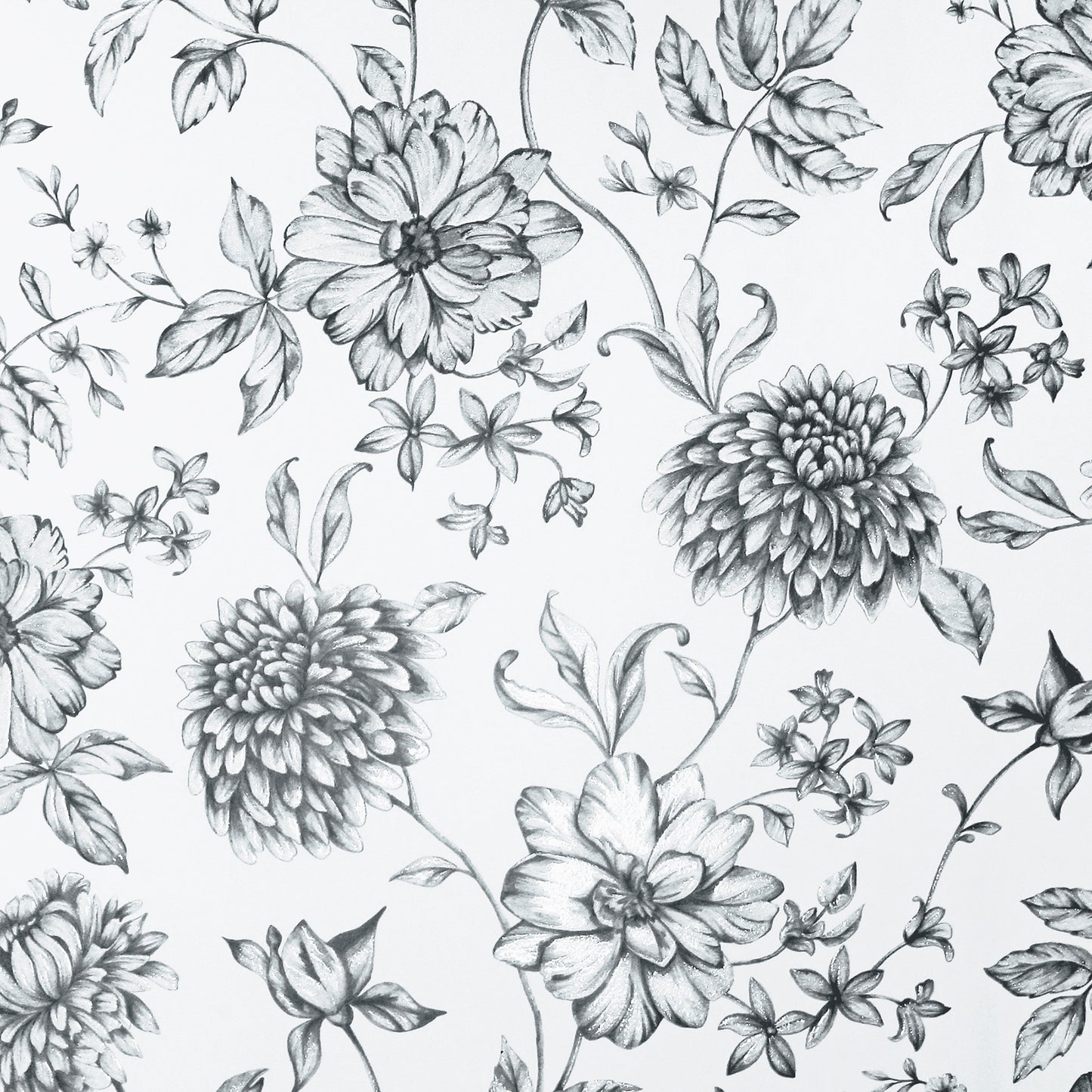 Monochrome black floral trail wallpaper pattern with pencil-drawn chrysanthemums and leaves on a dark background.