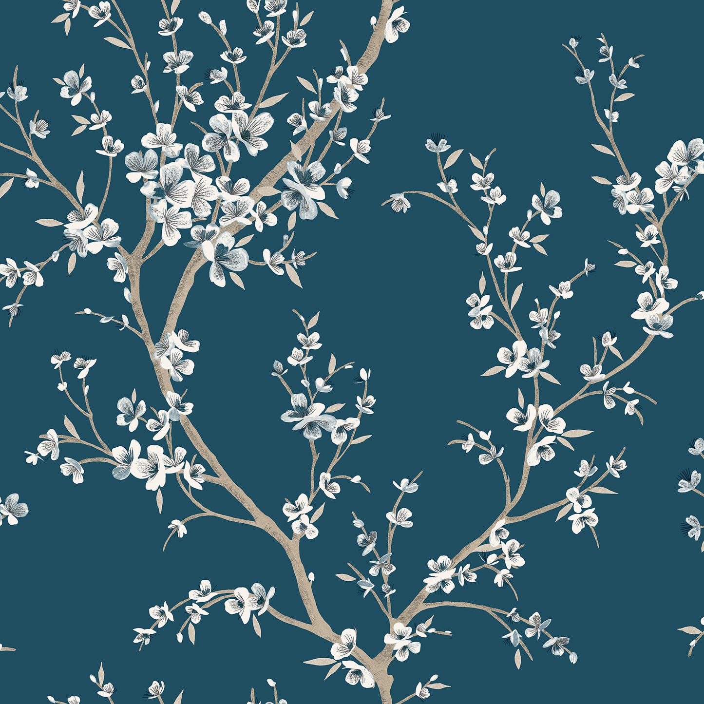 Dark teal background with light brown branches and white blossoms in an elegant floral wallpaper pattern.