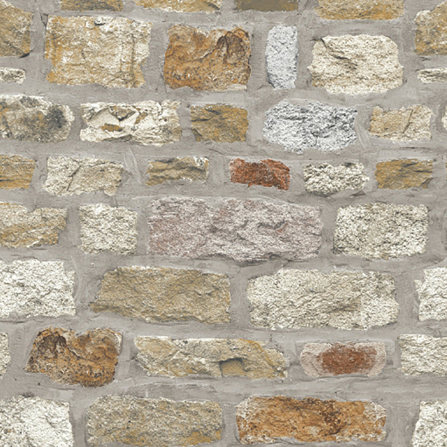 Neutral country stone wallpaper featuring irregular beige, tan, gray and white stones with a light mortar background.