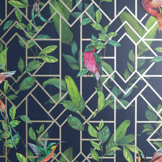 York Wallcoverings Arthouse Thelma Navy Tropical Deco Wallpaper Animals Glam Navy  Wallpaper - AH908003