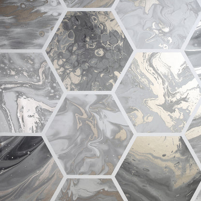 Hexagon tile-pattern wallpaper in charcoal with gray, silver & beige marbled tones and metallic swirls.