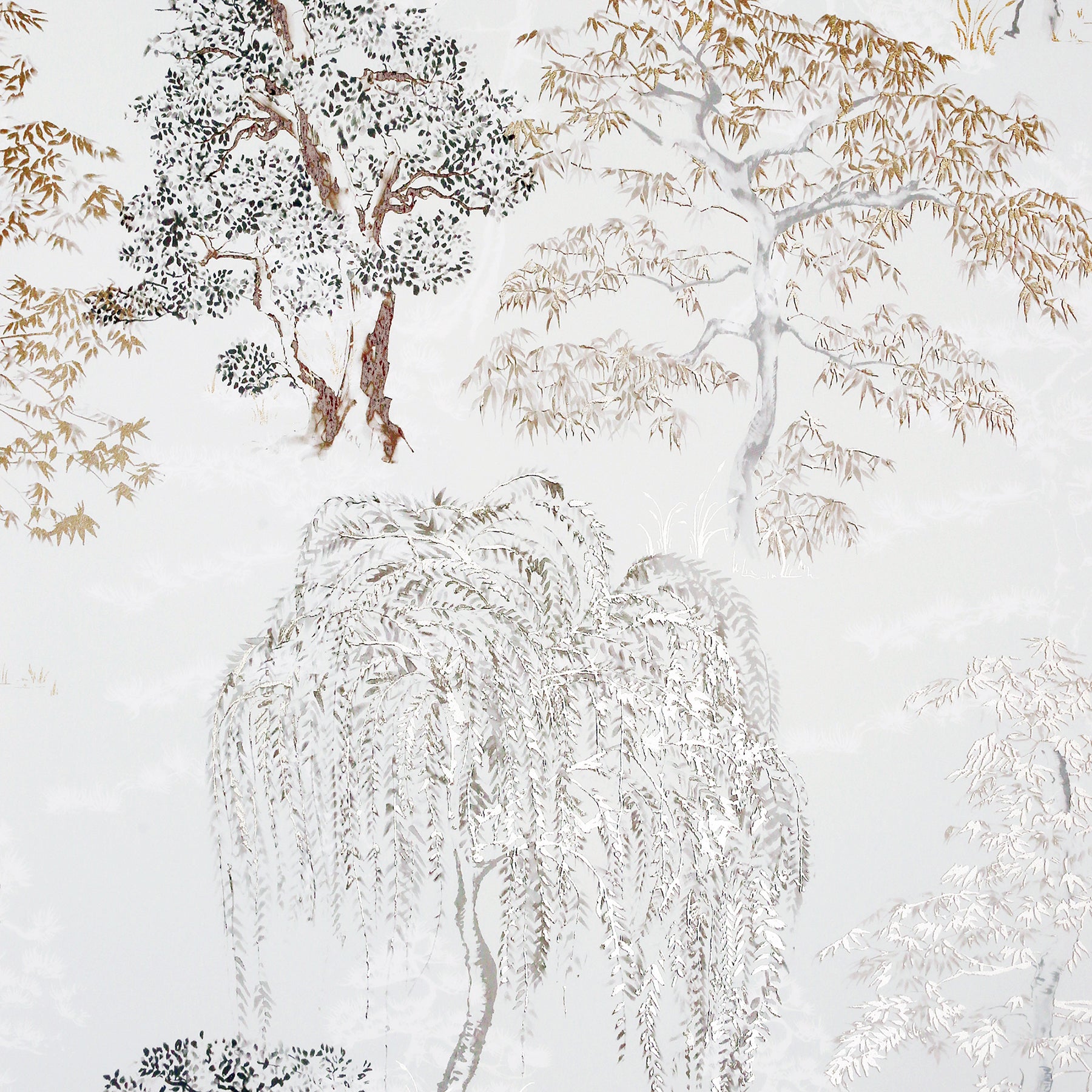 White wallpaper with neutral-toned trees and hanging willow branches, a delicate botanical motif.