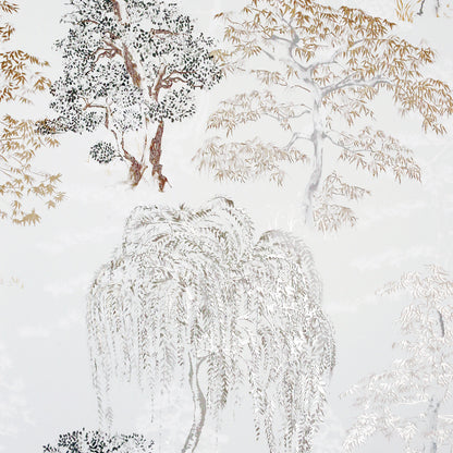 White wallpaper with neutral-toned trees and hanging willow branches, a delicate botanical motif.