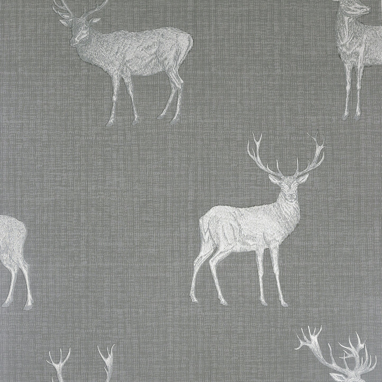 Gray woven fabric with white deer silhouettes in a repeated woodland pattern.