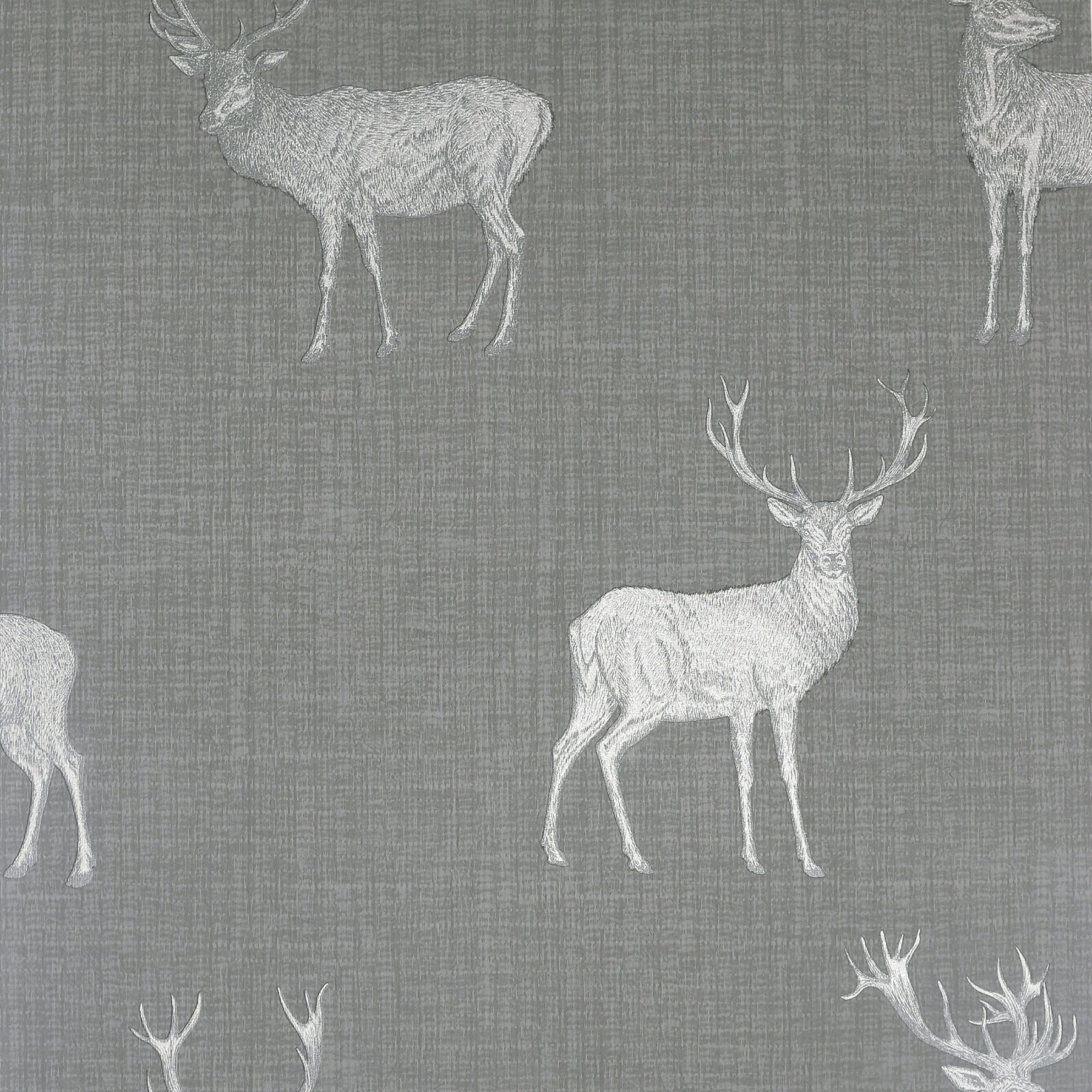 Gray woven fabric with white deer silhouettes in a repeated woodland pattern.