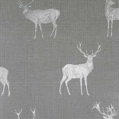 Gray woven fabric with white deer silhouettes in a repeated woodland pattern.