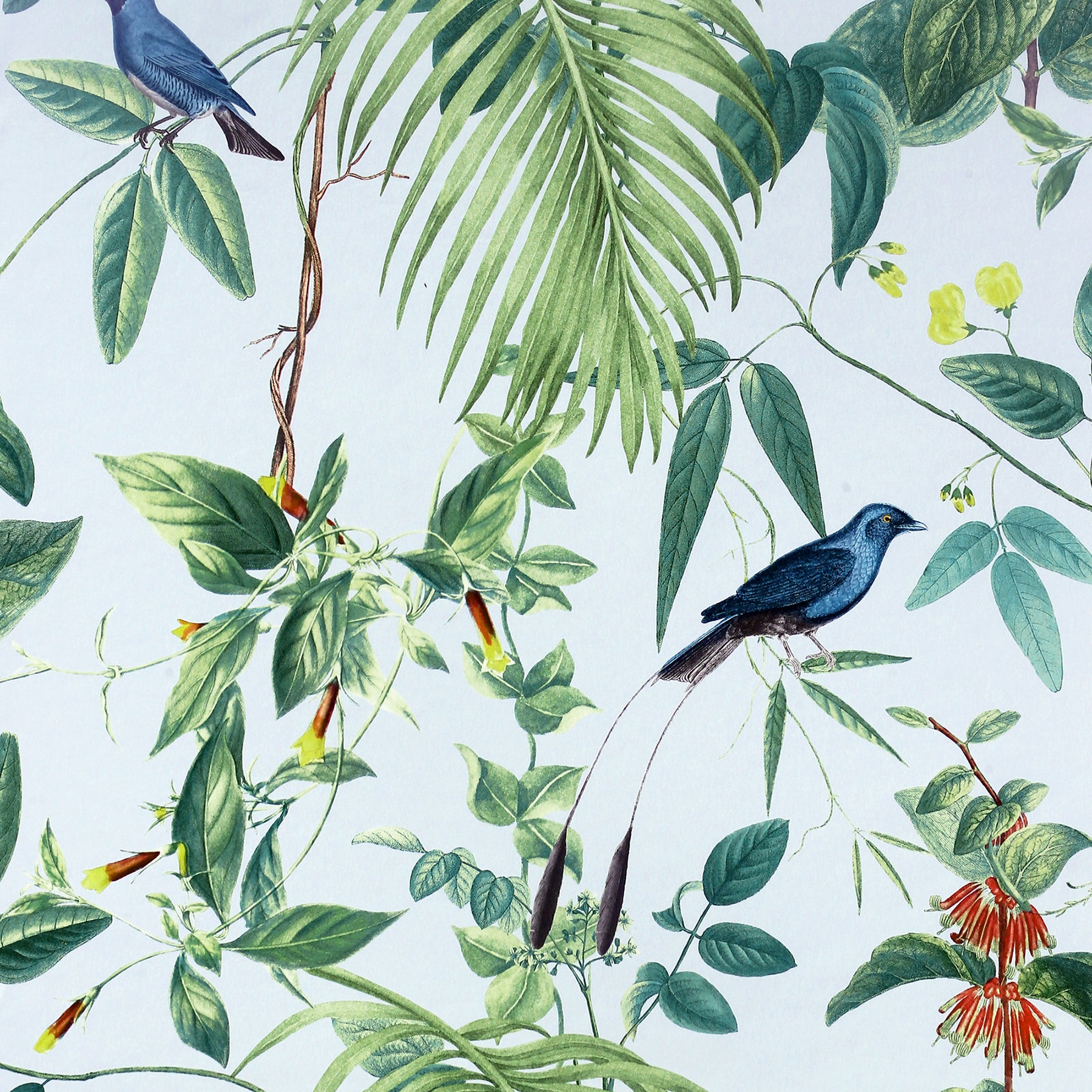 Tropical botanical print with blue birds among palm fronds, lush green vines and orange flowers.