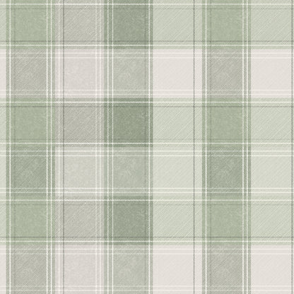 Green plaid woven fabric with white grid lines; versatile for shirts or light upholstery.