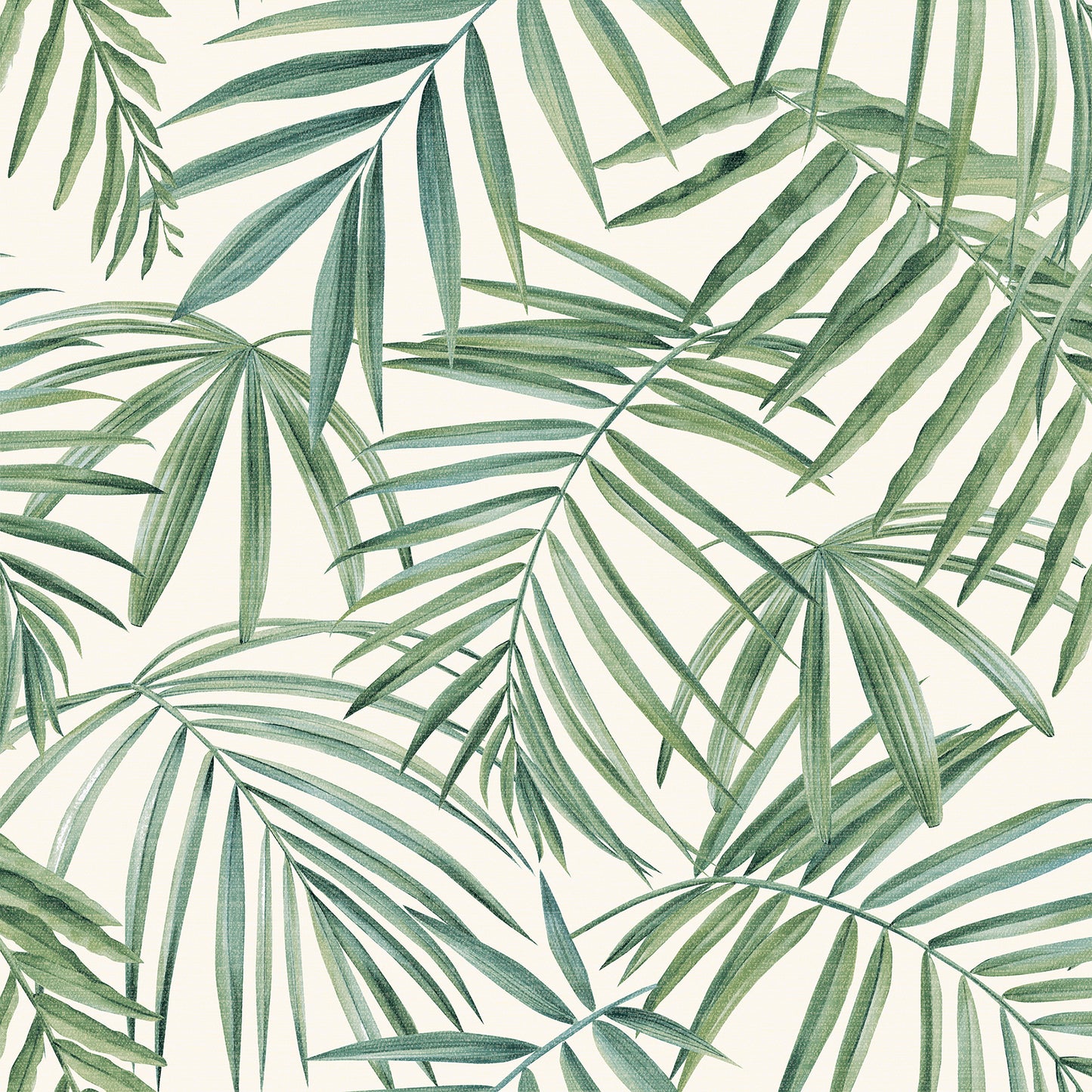 Green tropical palm leaves wallpaper with overlapping fronds on a light background.