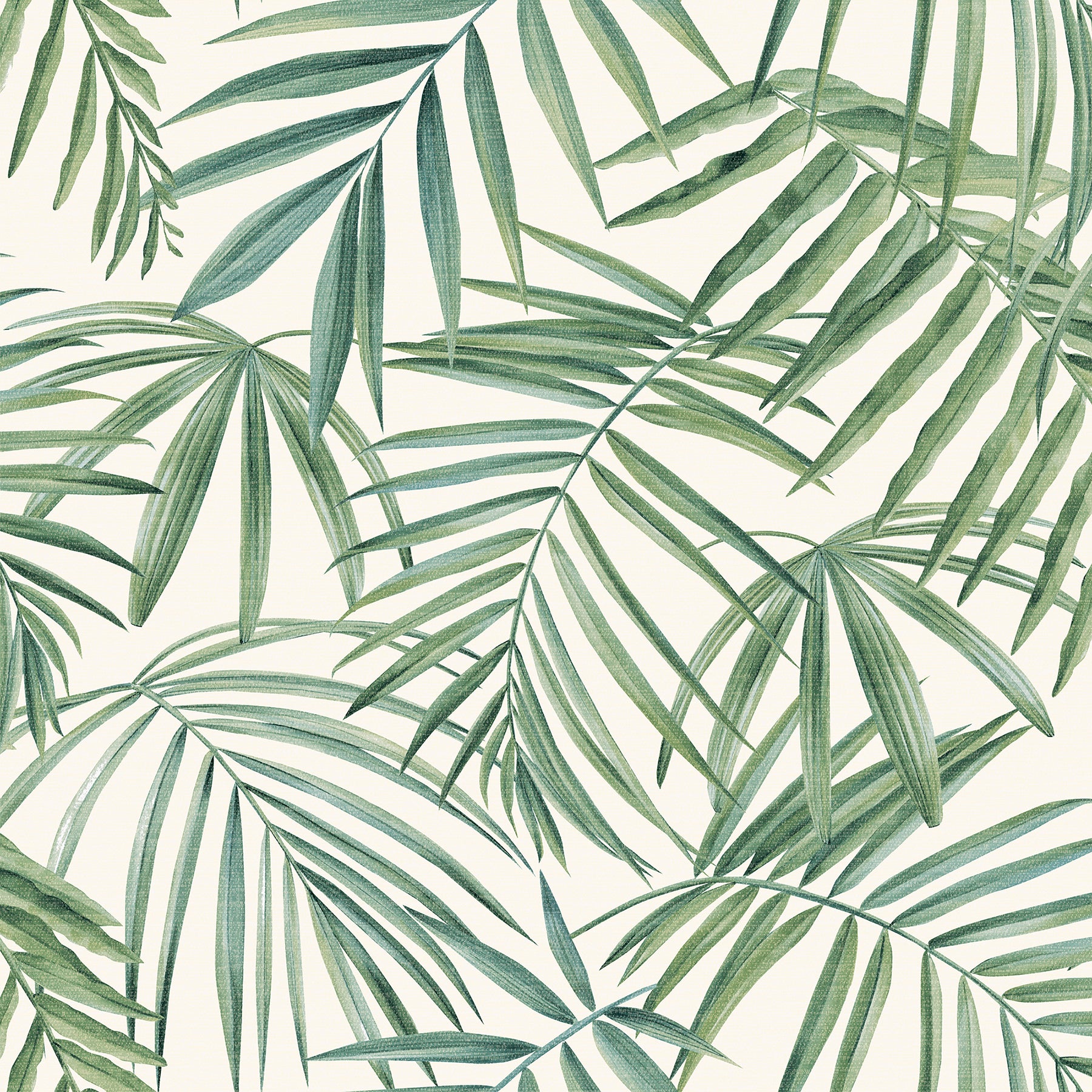 Green tropical palm leaves wallpaper with overlapping fronds on a light background.